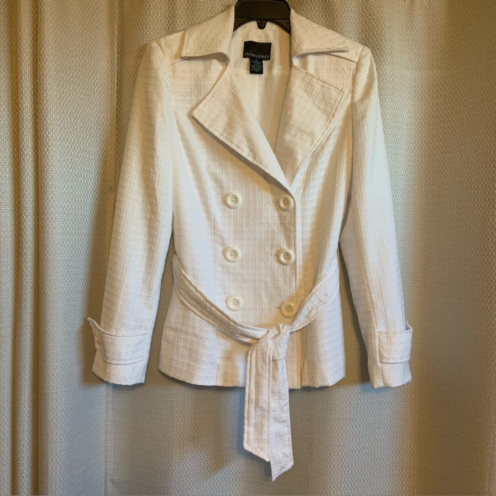 Cynthia Rowley White Double Breasted Lined Jacket w/ Waffle-like belted Sz SML